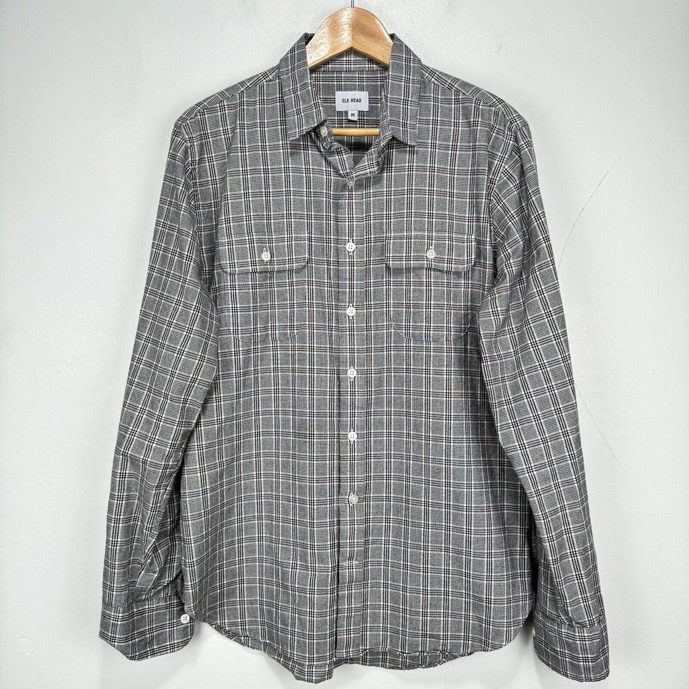 Elk Head Flannel Shirt‎ Men Medium Gray White Black Check Lightweight Cotton